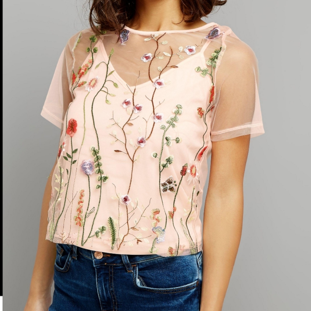 ASOS New Look Petite Embroidered Floral Sheer Top